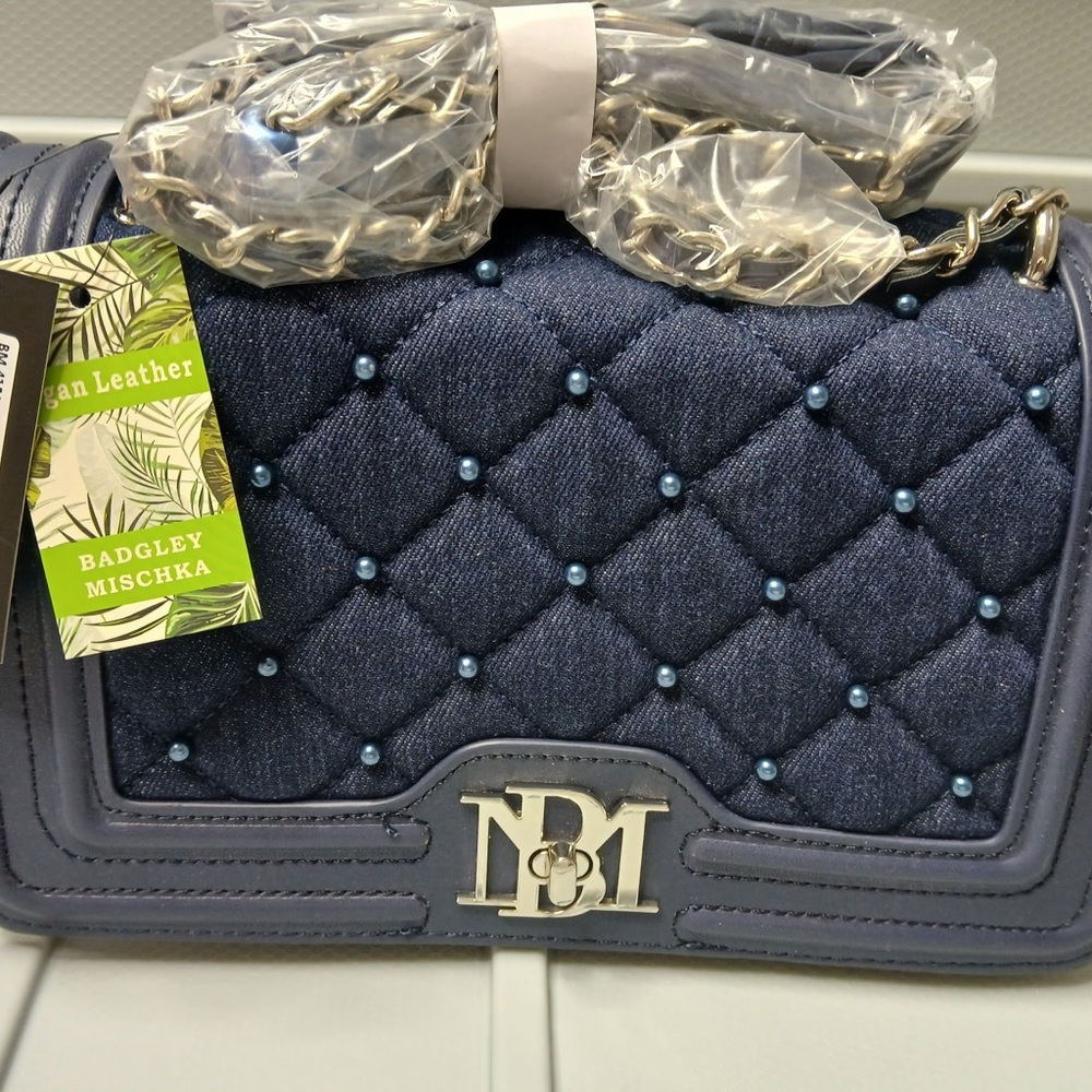 Badgley Mischka Blue Quilted Shoulder Bag with Silver Accents